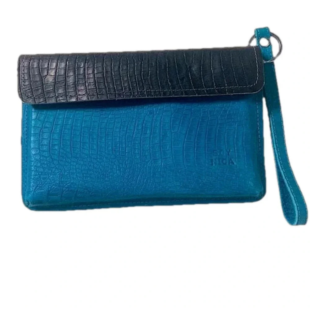 Leather clutch handmade hand dyed‎ textured blue black modern clean bag Soy Nica